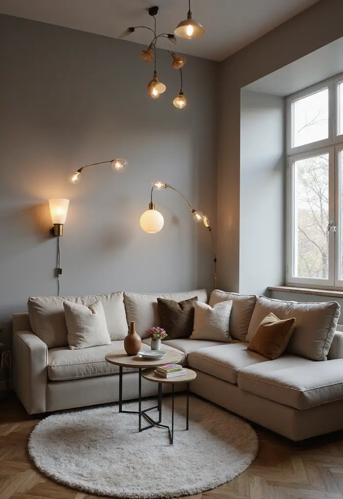 30 Grey and Beige Living Room Ideas That Feel Balanced - 8. Chic Lighting Fixtures