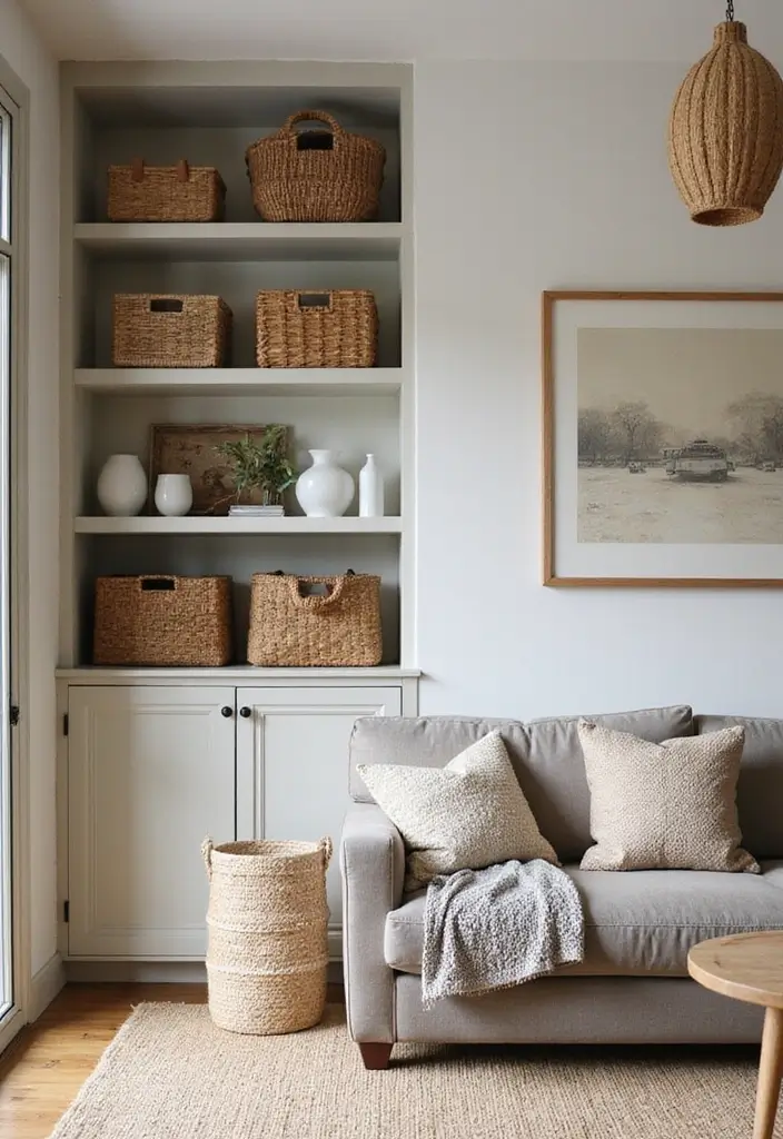 30+ Shelves in Living Room Ideas That Add Style - 15. Stylish Baskets on Open Shelves
