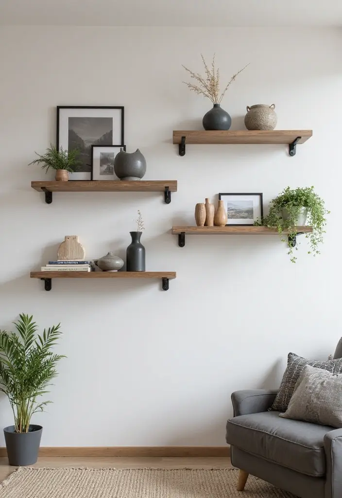 30+ Shelves in Living Room Ideas That Add Style - 17. Floating Shelves with Hooks