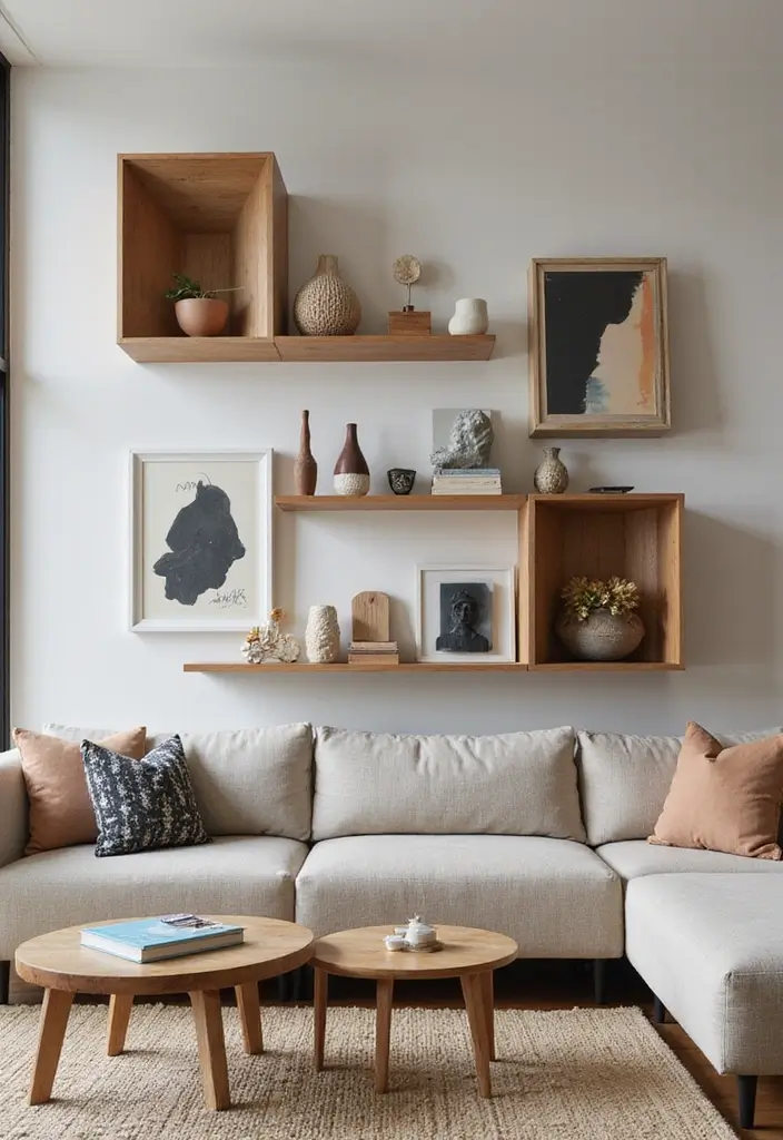 30+ Shelves in Living Room Ideas That Add Style - 24. Artistic Shelf Arrangements