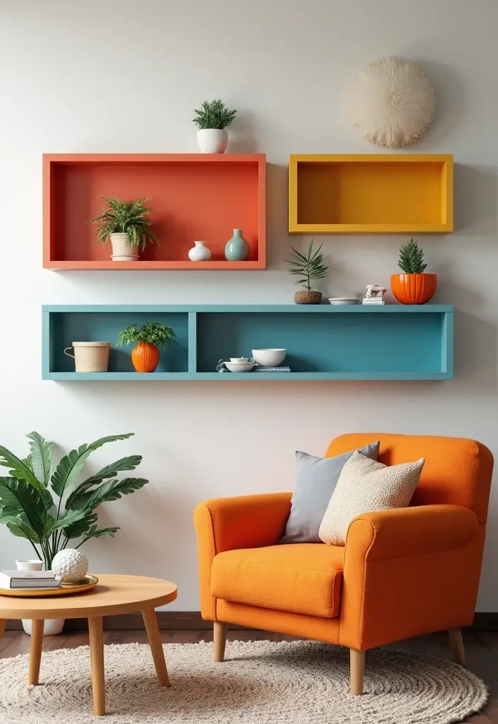 30+ Shelves in Living Room Ideas That Add Style - 5. Colorful Floating Shelves